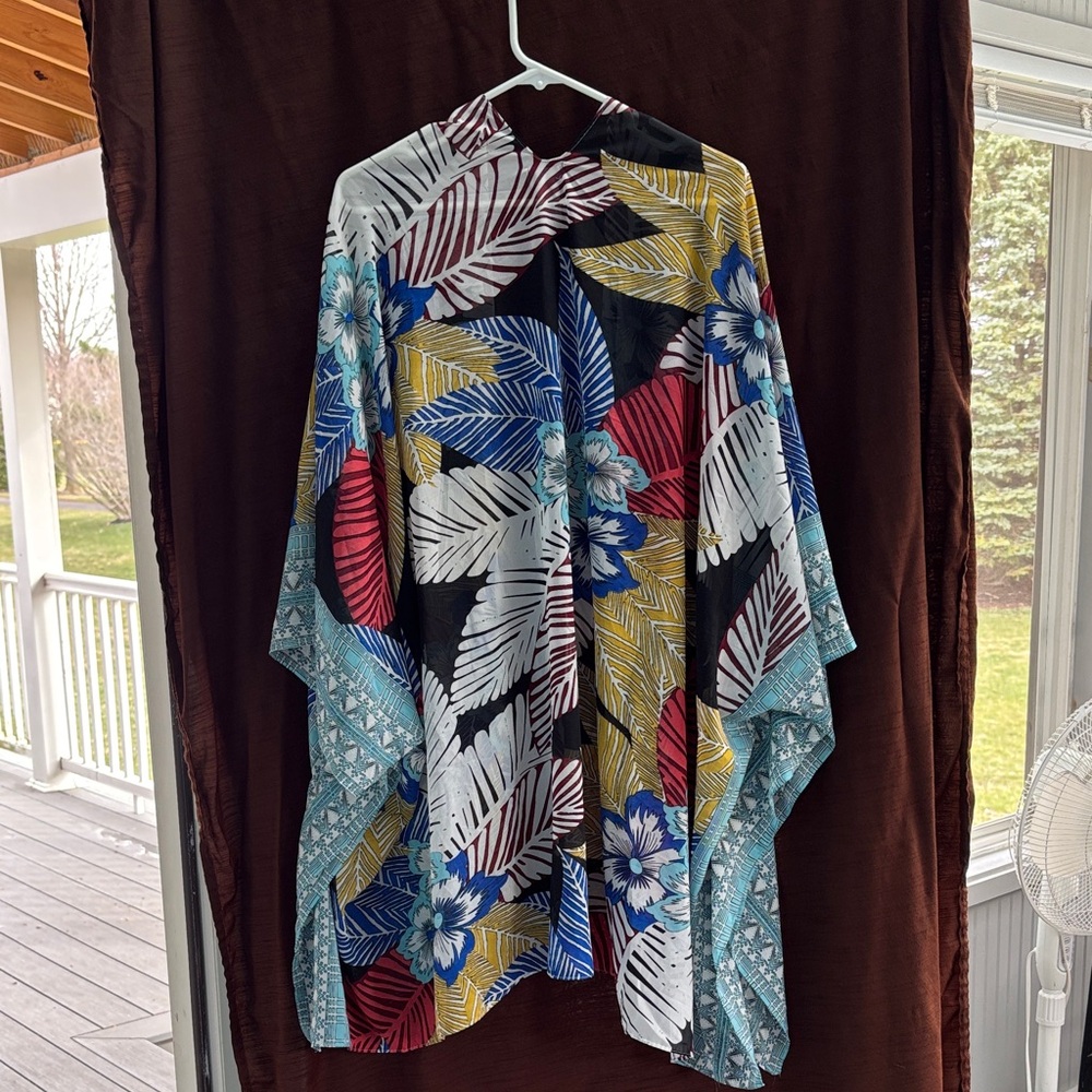 Avenue Floral Leaf Print Open Kimono - Blue, Yellow, Red, Black - Picture 3 of 3